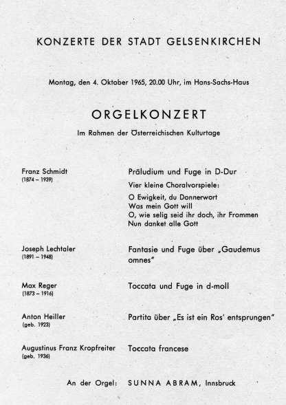 Programmheft zum Orgelkonzert mit Sunna Abram am 04.10.1965.