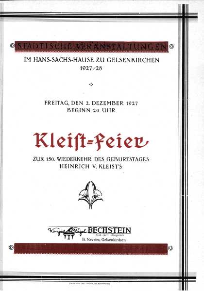 Programmzettel: Kleist-Feier zur 150. Wiederkehr des Geburtstages Heinrich von Kleists am 02.12.1927. Vorderseite.