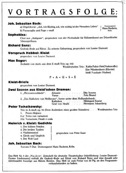 Programmzettel: Kleist-Feier zur 150. Wiederkehr des Geburtstages Heinrich von Kleists am 02.12.1927. Vortragsfolge und Besetzungsliste. Die Orgel spielt  Hans Bachem.