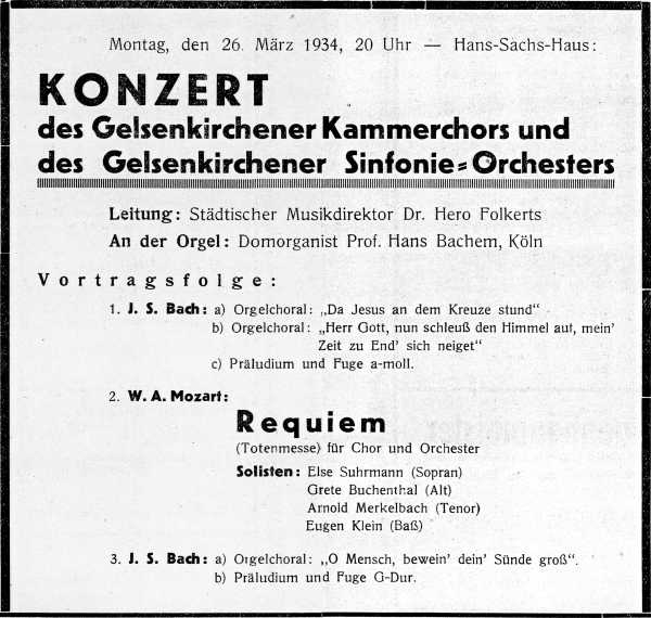 Programmanzeige: Konzert des Kammerchors und  des Sinfonieorchesters mit Hans Bachem an der Orgel, 26.03.1934.