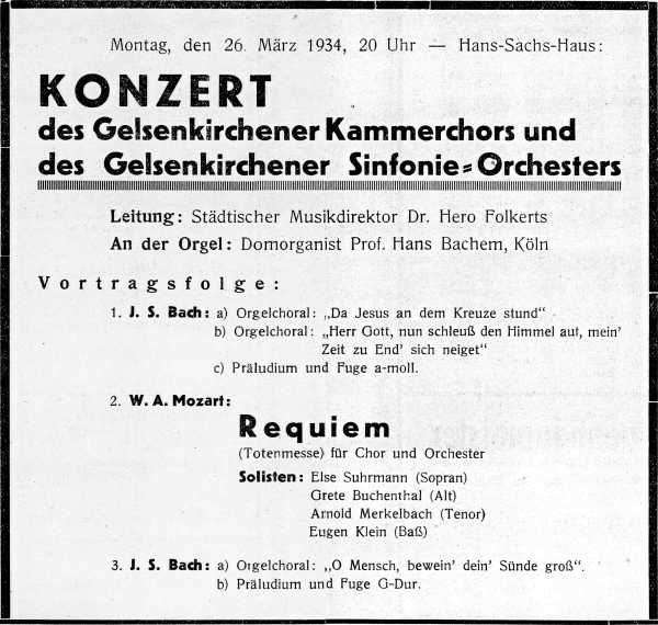 Programmanzeige: Konzert des Kammerchors und  des Sinfonieorchesters mit Hans Bachem an der Orgel, 26.03.1934.