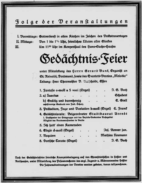 Programmzettel: Gedächtnisfeier zum Volkstrauertag (Gerard Bunk, Orgel), 04.03.1928. © Gerard-Bunk-Gesellschaft