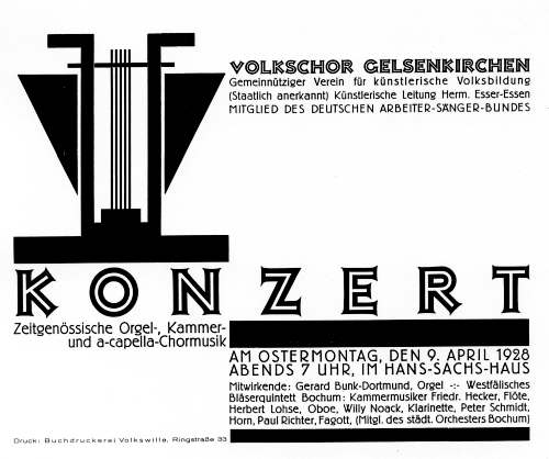 Programmzettel: Ostermontagskonzert mit dem Volkschor Gelsenkirchen und Gerard Bunk an der Orgel, 09.04.1928. © Gerard-Bunk-Gesellschaft