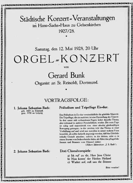 Programmzettel (Vorderseite): Orgelkonzert Gerard Bunk, 12.05.1928. © Gerard-Bunk-Gesellschaft