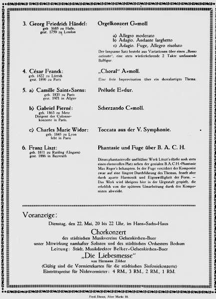 Programmzettel (Rückseite): Orgelkonzert Gerard Bunk, 12.05.1928. © Gerard-Bunk-Gesellschaft