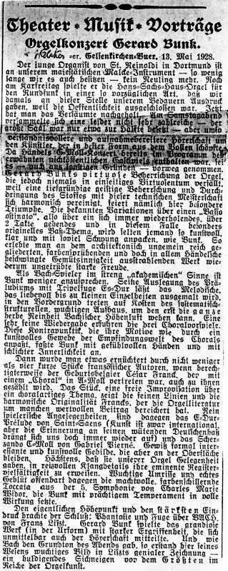 Beprechung in der Gelsenkirchener Zeitung (13.05.1928) zum Orgelkonzert Gerard Bunk vom Vortag. © Gerard-Bunk-Gesellschaft