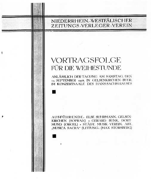 Programmzettel: Niederrheinisch-Westfälischer Zeitungs-Verleger-Verein, Weihestunde mit Gerard Bunk (Orgel), 15.09.1928. © Gerard-Bunk-Gesellschaft