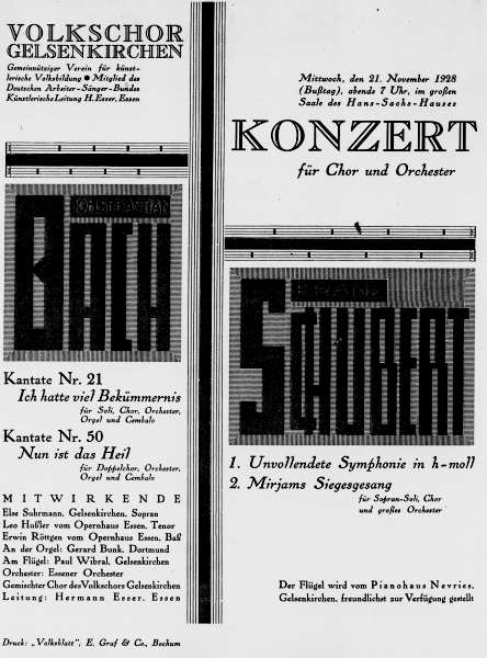 Programmzettel: Konzert für Chor und Orchester, Volkschor Gelsenkirchen mit Gerard Bunk (Orgel), 21.11.1928. © Gerard-Bunk-Gesellschaft
