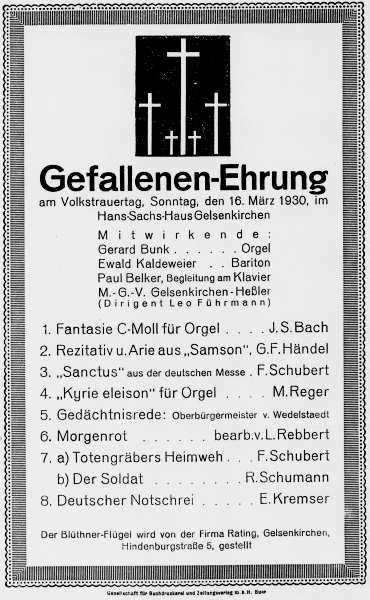 Programmzettel: Gefallenen-Ehrung zum Volkstrauertag , 16.03.1930. © Gerard-Bunk-Gesellschaft