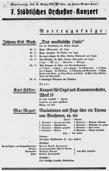 Programmzettel: 7. Städtisches Orchester-Konzert mit Gerard Bunk (Orgel) , 18.03.1937. © Gerard-Bunk-Gesellschaft