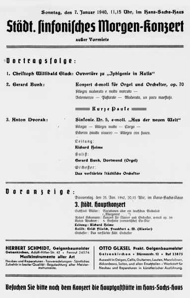 Programmzettel: Städtisches sinfonisches Morgen-Konzert mit Gerard Bunk (Orgel), 07.01.1940. © Gerard-Bunk-Gesellschaft