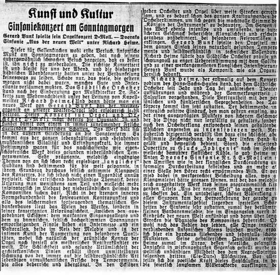 Beprechung in der Gelsenkirchener Zeitung (09.01.1940) zum sinfonischen Morgenkonzert mit Gerard Bunk (Orgel) vom Vortag. © Gerard-Bunk-Gesellschaft