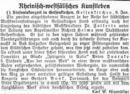 Beprechung in der Rheinisch-Westfälische Zeitung (09.01.1940) zum sinfonischen Morgenkonzert mit Gerard Bunk (Orgel) vom Vortag. © Gerard-Bunk-Gesellschaft