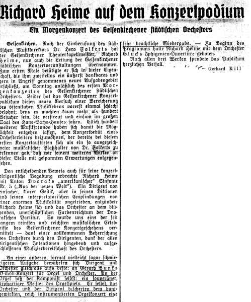 Beprechung in der Westfälische Landeszeitung (09.01.1940) zum sinfonischen Morgenkonzert mit Gerard Bunk (Orgel) vom Vortag. © Gerard-Bunk-Gesellschaft