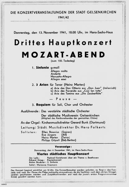 Programmzettel: Städtisches Konzert, Mozart-Abend mit Gerard Bunk (Orgel), 13.11.1941. © Gerard-Bunk-Gesellschaft