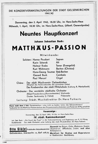 Programmzettel: Städtisches Konzert, Matthäus-Passion mit Paul Menzel (Orgel), 02.04.1942. © Gerard-Bunk-Gesellschaft