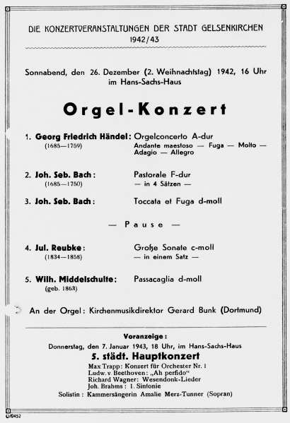 Programmzettel: Orgelkonzert Gerard Bunk, 26.12.1942. © Gerard-Bunk-Gesellschaft