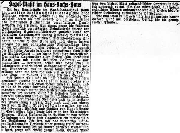 Beprechung in der Gelsenkirchener Allgemeinen Zeitung (28.12.1942) zum Orgelkonzert von Gerard Bunk vom 26.12. © Gerard-Bunk-Gesellschaft