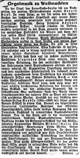 Beprechung in der Gelsenkirchener Zeitung (28.12.1942) zum Orgelkonzert von Gerard Bunk vom 26.12. © Gerard-Bunk-Gesellschaft