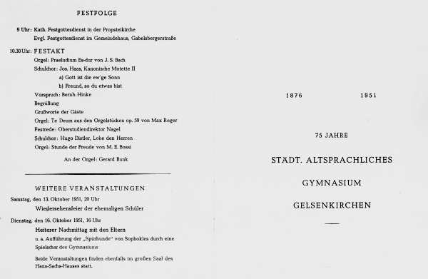 Programmzettel zum Festakt zum 75-jährigen Bestehen des Städtischen Altsprachlichen Gymnasiums mit Gerard Bunk an der Orgel, 13.10.1951.