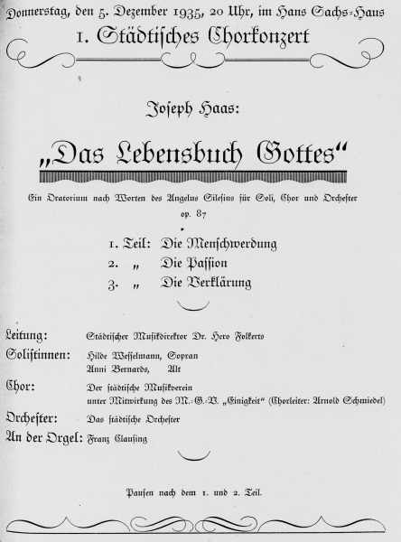 Programmzettel:Städtisches Chorkonzert mit Franz Clausing an der Orgel, 05.12.1935.
