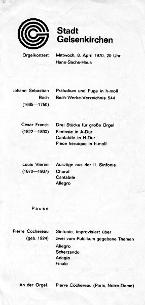 Programmzettel zum Orgelkonzert mit Pierre Chochereau am 08.04.1970.