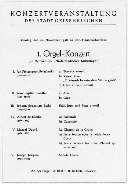 Programmheft zum Orgelkonzert mit Albert de Klerk am 10.11.1958.