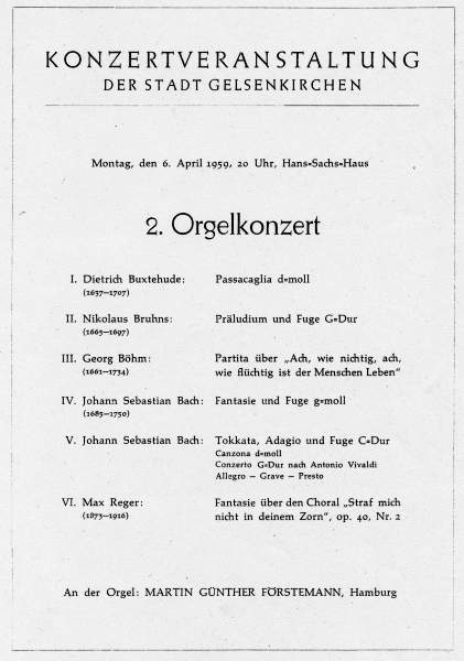 Programmheft zum Orgelkonzert mit Martin Gnther Frstemann am 06.04.1959.