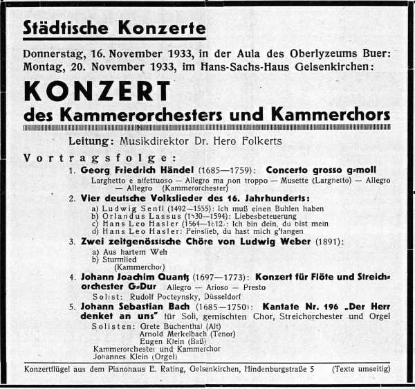 Programmanzeige: Konzert des Kammerorchesters und Kammerchors mit Johannes Klein an der Orgel, 20.11.1933.