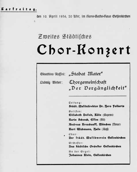 Programmzettel: Städtisches Chorkonzert mit Johannes Klein an der Orgel, 10.04.1936.