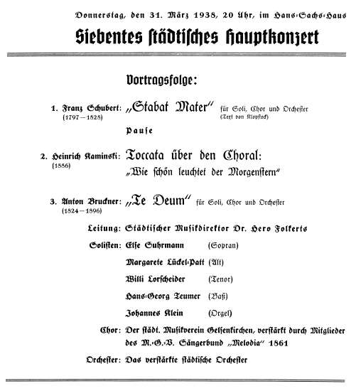 Programmzettel zum städtichen Hauptkonzert am 31.03.1938 mit Johannes Klein an der Orgel.