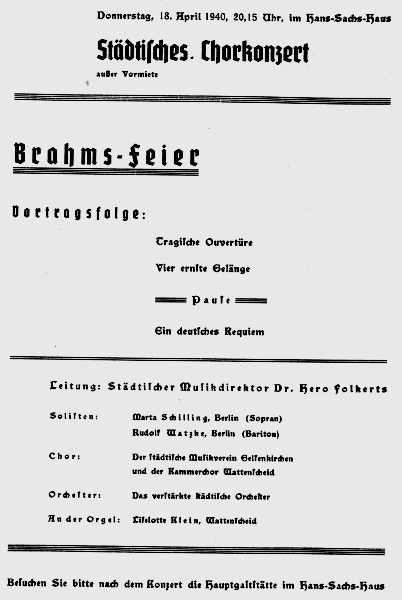 Programmzettel:Städtisches Chorkonzert mit Liselotte Klein an der Orgel, 18.04.1940.