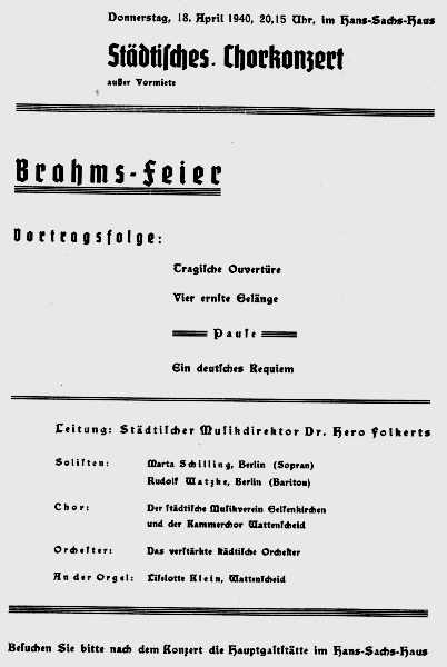 Programmzettel:Städtisches Chorkonzert mit Liselotte Klein an der Orgel, 18.04.1940.