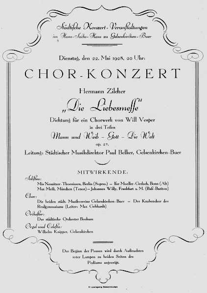 Programmzettel: Chorkonzert "Die Liebesmesse" von Hermann Zilcher am 22. Mai 1928.