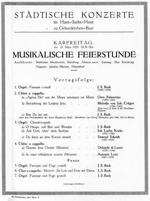 Programmzettel: Musikalische Feierstunde mit Jakobus Menzen an der Orgel, 29.03.1929.