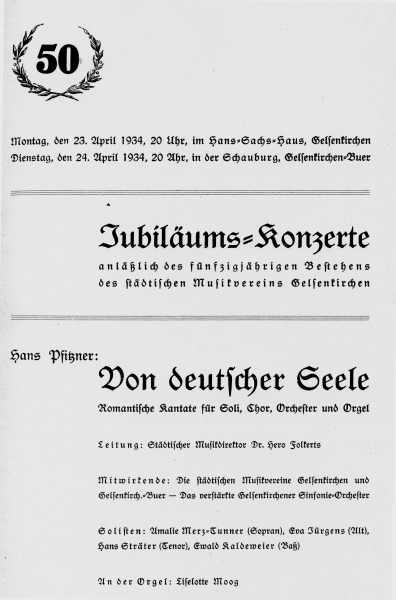 Programmzettel: Jubiläumskonzert zum 50-jährigen Bestehen des städtischen Musikvereins mit Liselotte Moog an der Orgel, 23.04.1934.