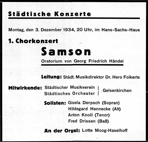 Programmanzeige zum Chorkonzert "Samson", Oratorium von Händel, mit Lotte Moog an der Orgel, 03.12.1934.