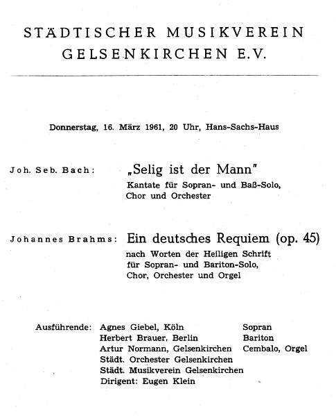 Programmheft zum Konzert des Stdtischen Musikvereins mit Artur Normann an der Orgel am 16.03.1961.
