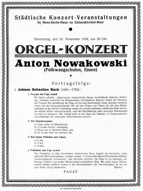 Programmzettel (Vorderseite): Orgelkonzert mit Anton Nowakowski, 22.11.1928.