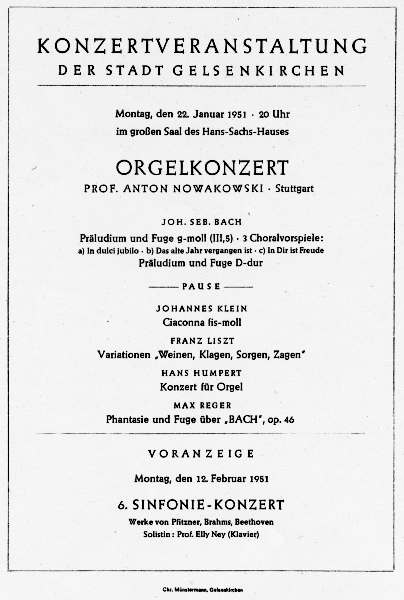 Programmzettel zum Orgelkonzert mit Anton Nowakowski am 22.01.1951.