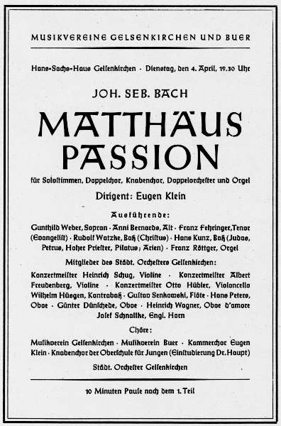 Programmzettel zumJohann Sebastian Bach: "Matthus-Passion" mit Franz Rttger an der Orgel, 04.04.1950.