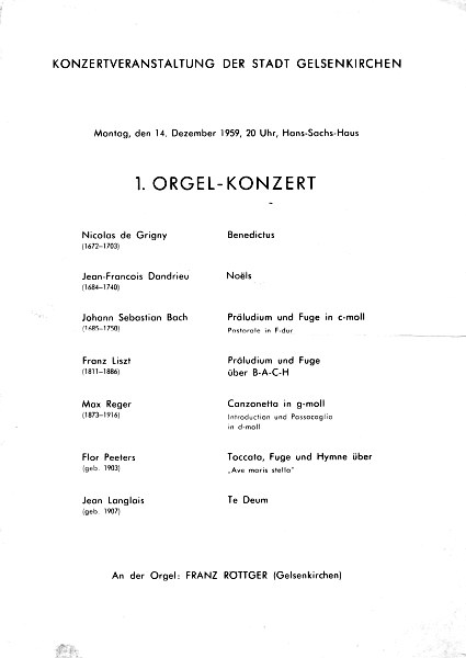 Programmzettel zum Orgelkonzert mit Franz Rttger am 14.12.1959.