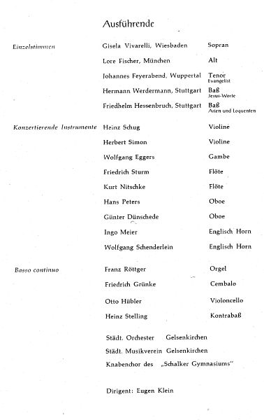 Programmheft zum Konzert des Stdtischen Musikvereins mit Franz Rttger an der Orgel am 10.04.1960. Ausfhrende.