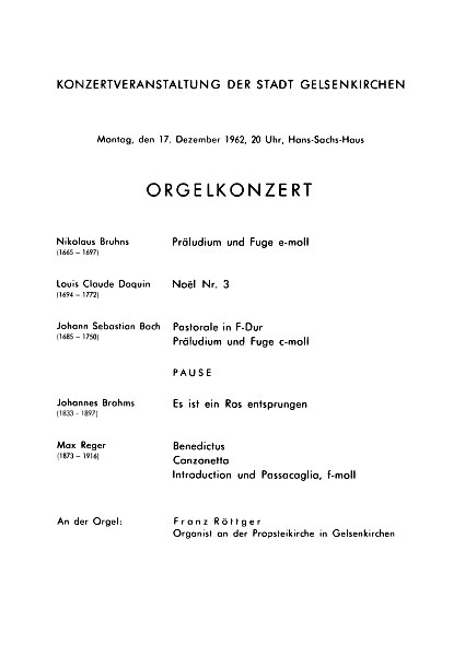 Programmzettel zum Orgelkonzert mit Franz Rttger am 17.12.1962.