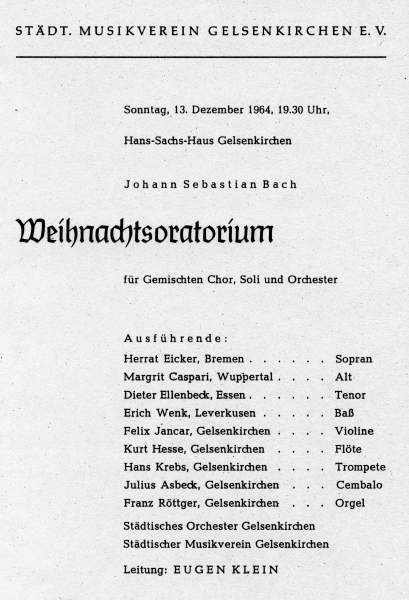 Programmheft zum Konzert des Stdtischen Musikvereins mit Franz Rttger an der Orgel am 13.12.1964.