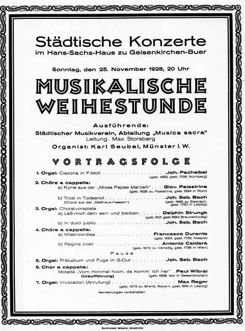 Programmzettel: Musikalische Weihestunde mit Karl Seubel an der Orgel, 25.11.1928.