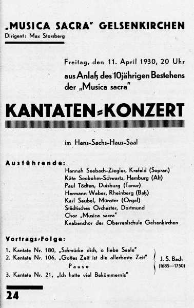 Programmzettel: Kantaten-Konzert aus Anlass des 10jährigen Bestehens der "Musica sacra" mit Karl Seubel an der Orgel, 11.04.1930.