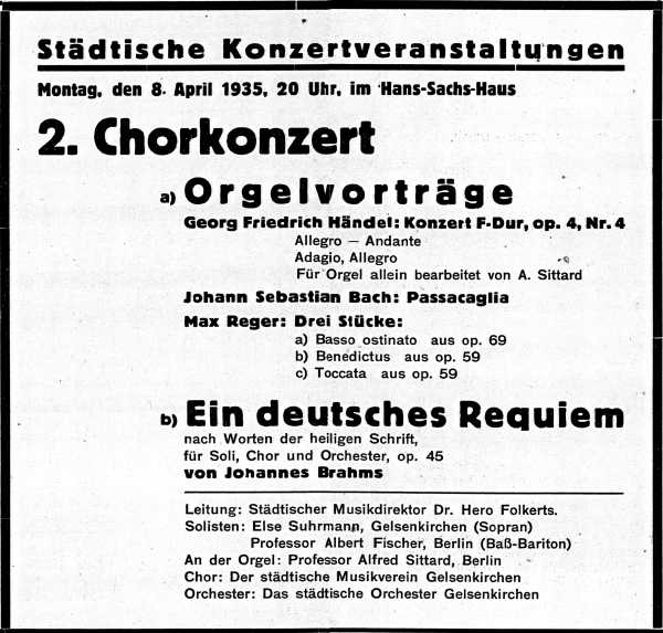Programmanzeige zum Chorkonzert mit Alfred Sittard an der Orgel, 08.4.1935.