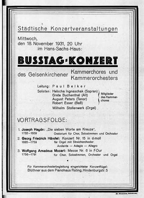 Programmzettel: Busstag-Konzert mit Wilhelm Stollenwerk an der Orgel, 18.11.1931.