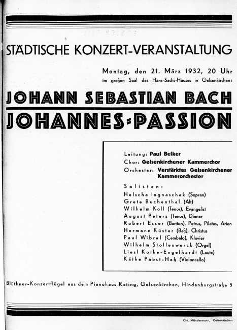 Programmzettel: Johannes-Passion mit Wilhelm Stollenwerk an der Orgel, 21.03.1932.